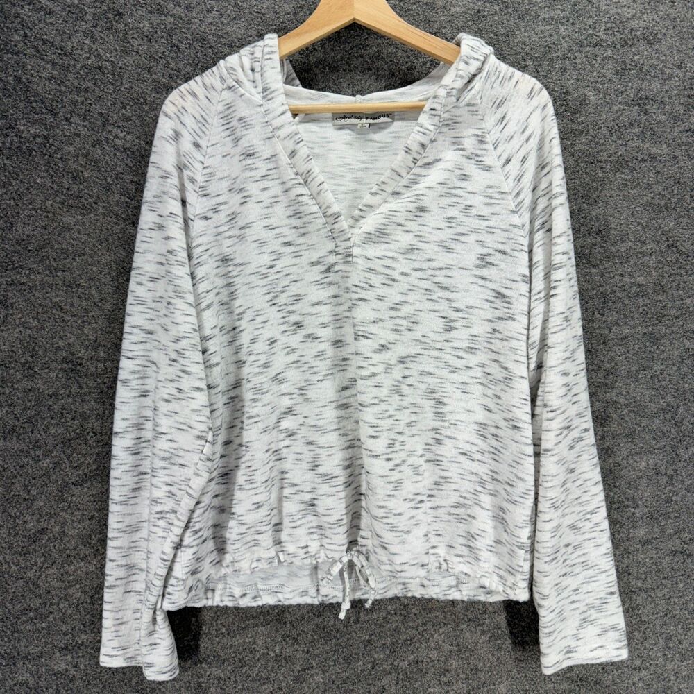 Absolutely Famous Hoodie Women XL White Striped Long Sleeve Pullover V-Neck